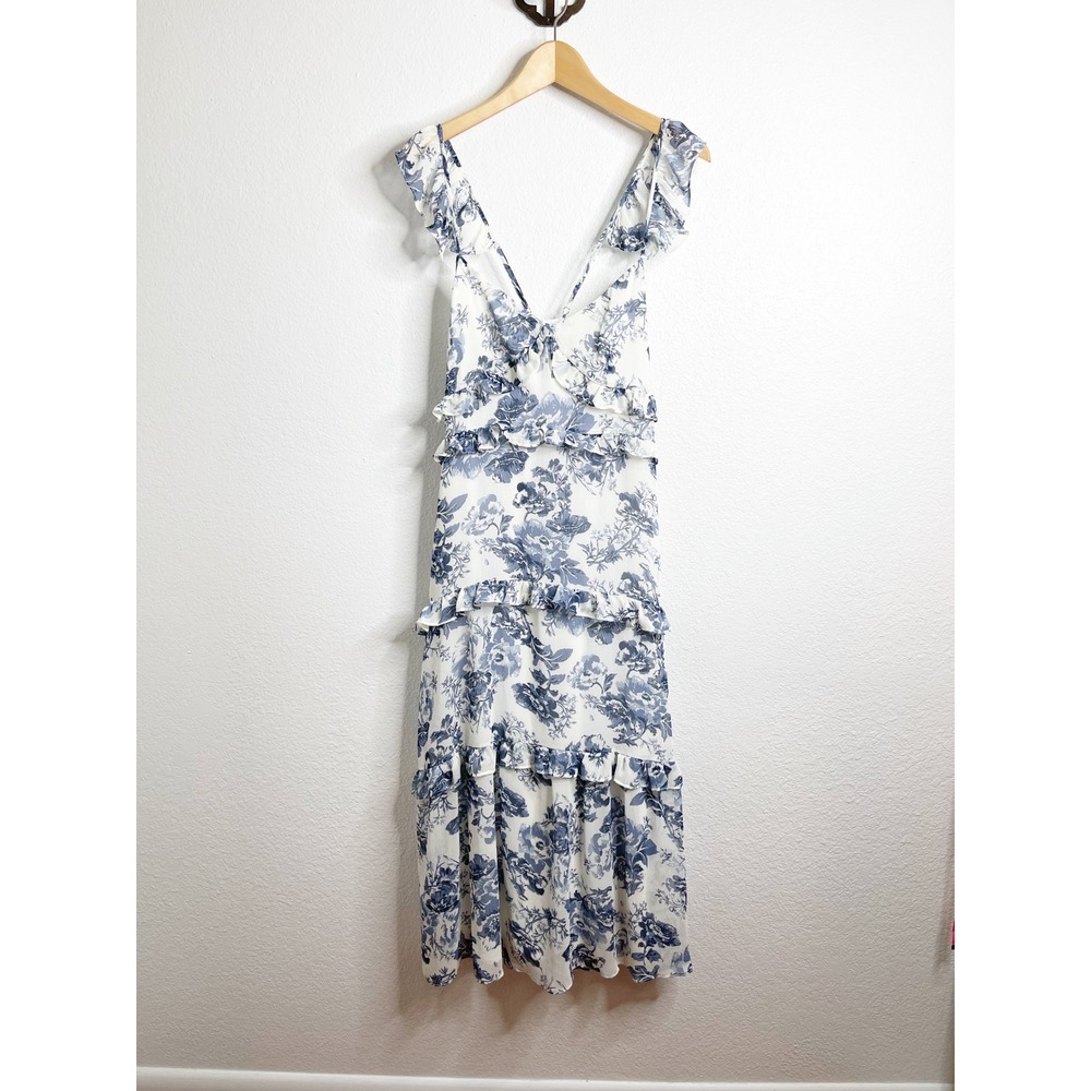 o.p.t Blue White Floral Toile Ruffle Tiered Midi Dress Womens‎ Large Sleeveless